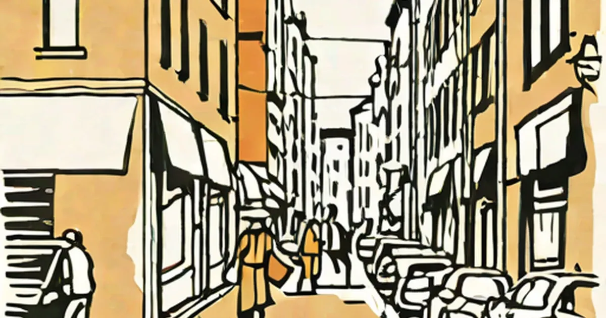 Stylized illustration of a narrow European street with buildings and pedestrians