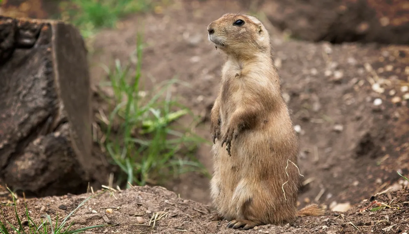 A prairie dog standing upright beside its burrow