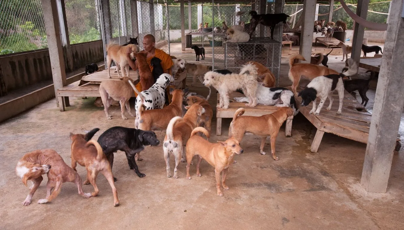 Dogs gathered around a caretaker at an animal shelter