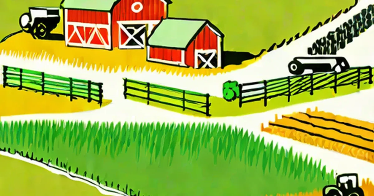 Farm with red barns, green fenced pastures, tractors, and crop rows
