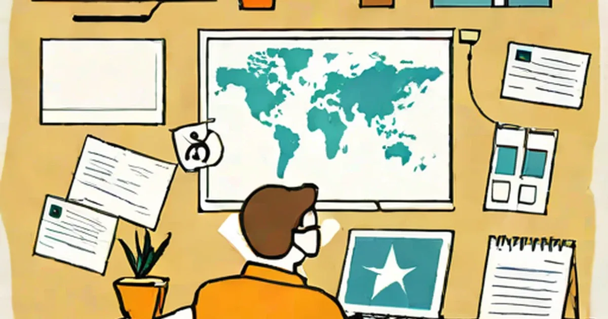 Person at desk with world map on monitor surrounded by business documents