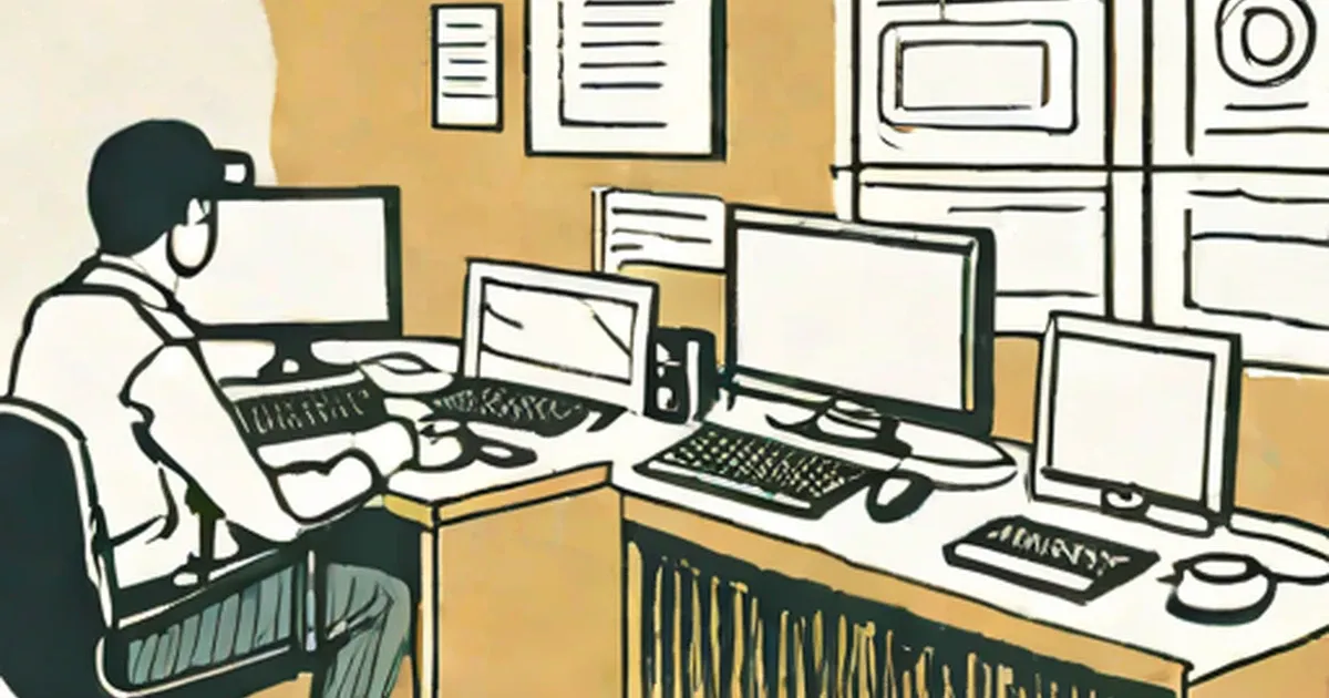 Person at desk with multiple computer monitors