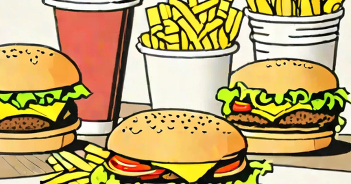 Cartoon burgers, french fries, and soft drinks