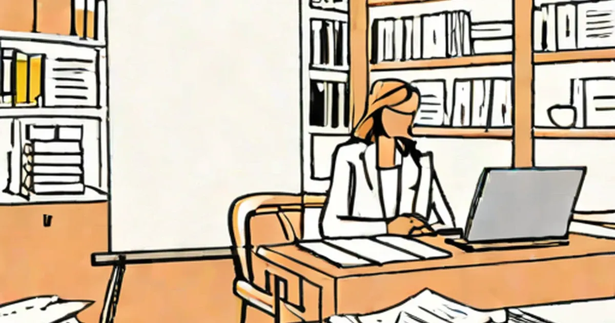 Person at desk with laptop and papers near bookshelves