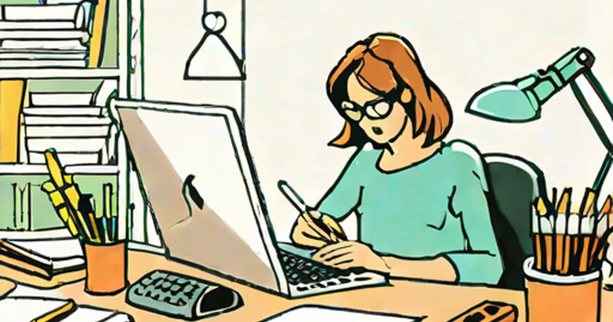 Woman with glasses typing on laptop at a desk surrounded by books and office supplies