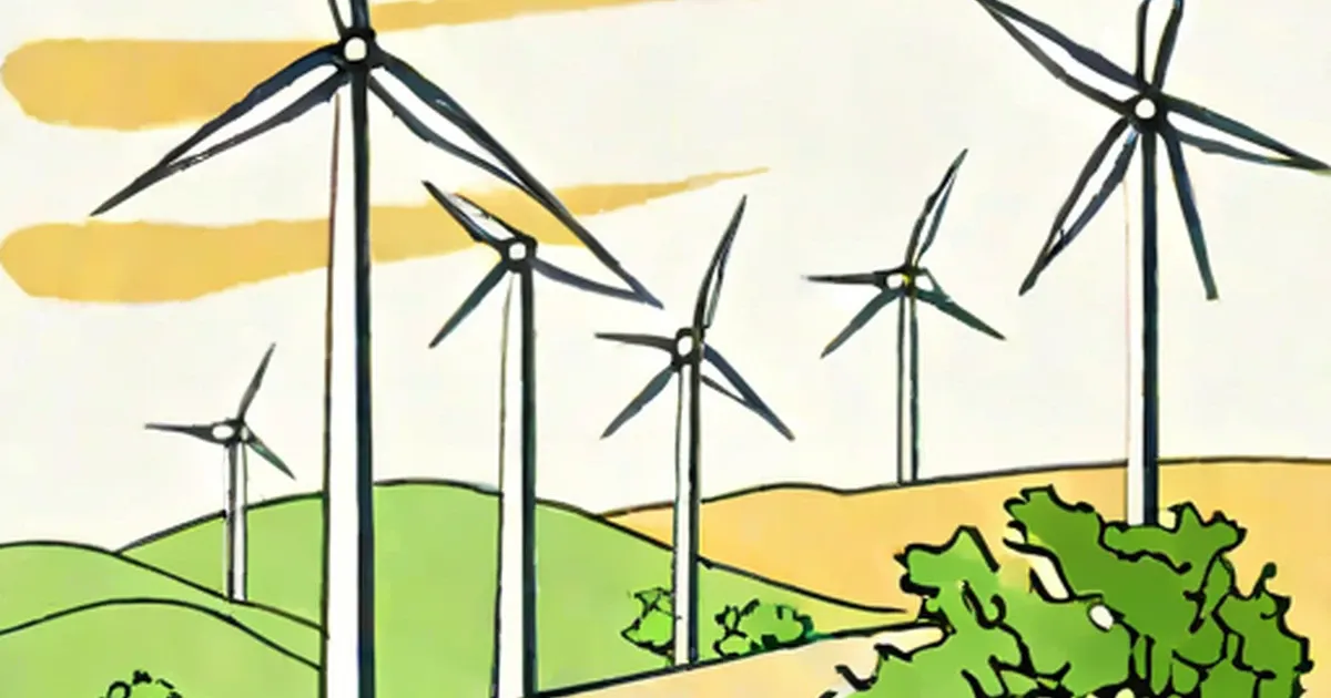 Wind turbines on green rolling hills under clouds