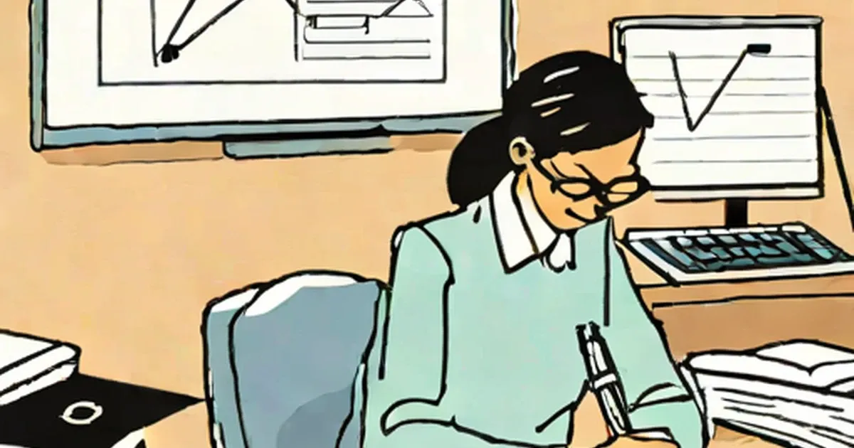 Person at desk working on computer amid books and papers