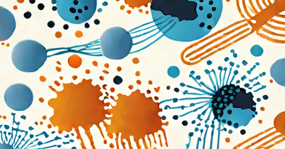 Bacteria cells illustrated in blue and orange with flagella and spiky surface projections