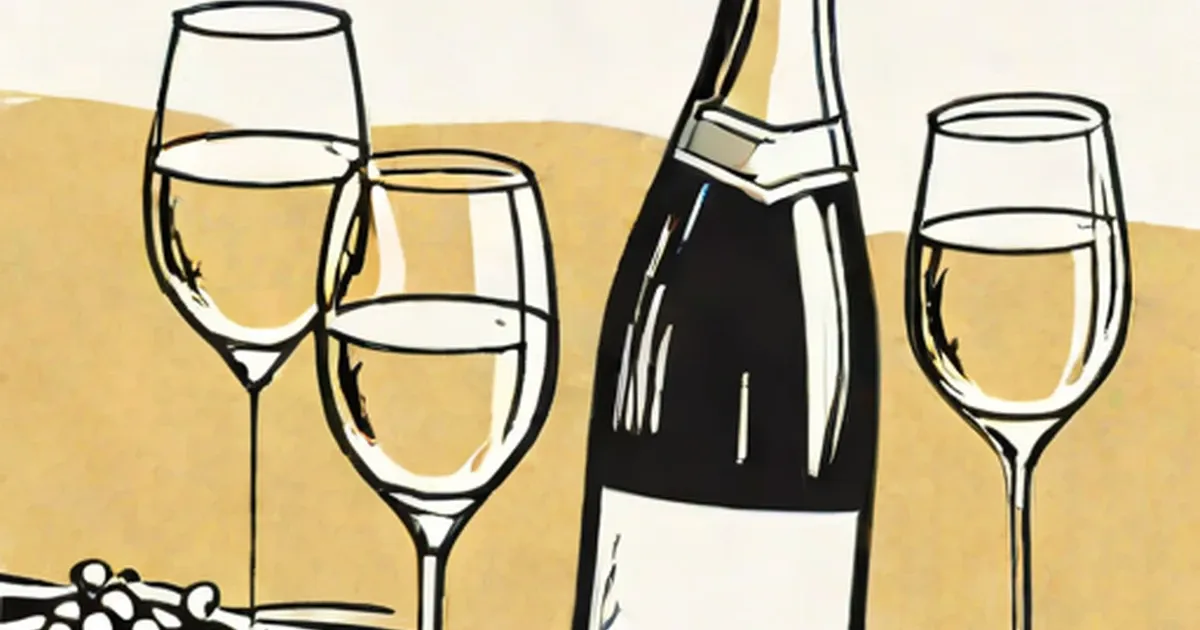 Bottle and four glasses of sparkling wine on a cream background