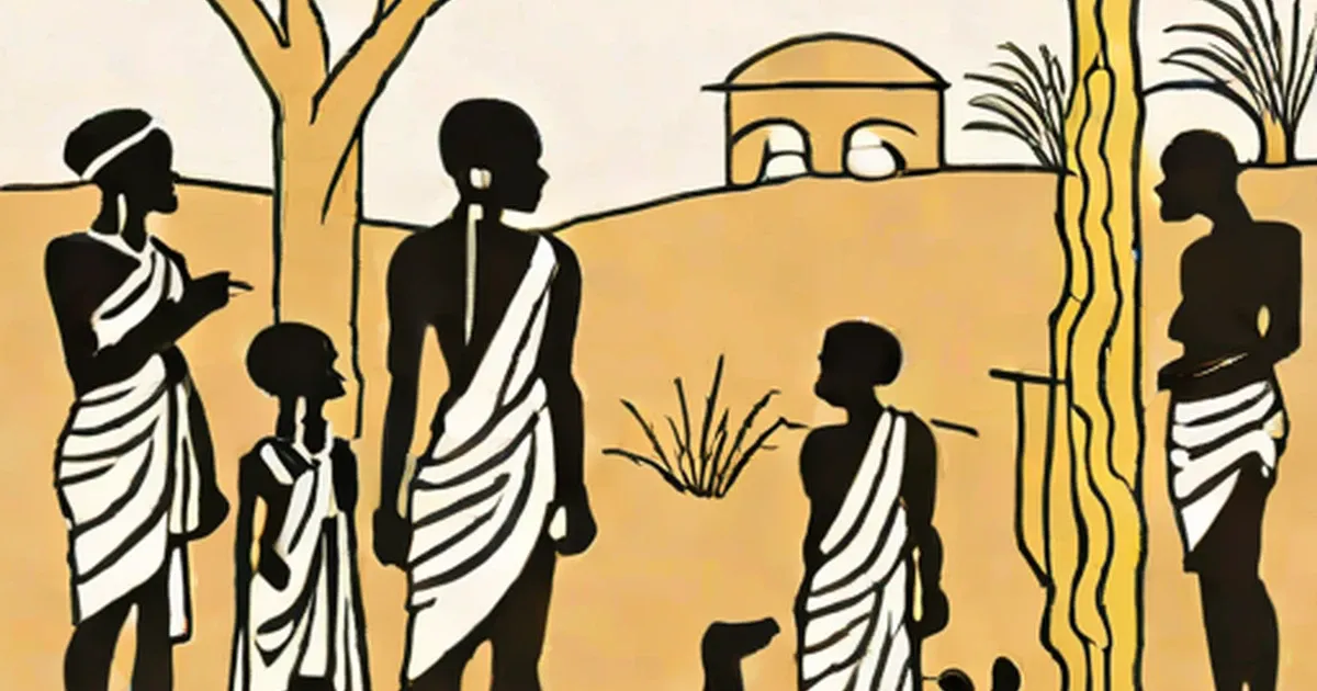 Village scene with silhouetted figures wearing traditional cloth near a clay hut