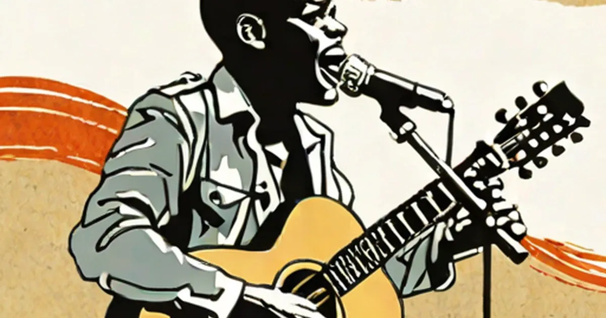 Singer performing with an acoustic guitar in a stylized illustration