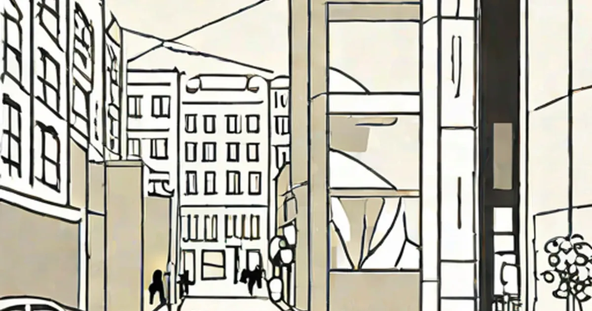 City street illustration with buildings and pedestrians