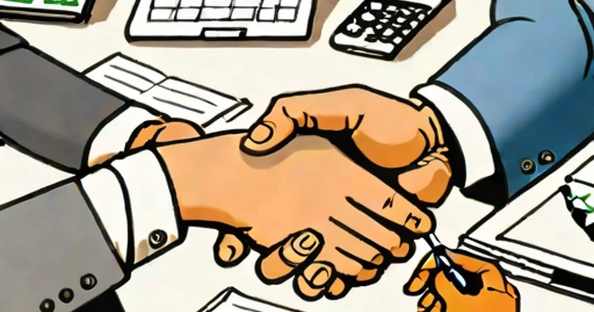Illustration of two professionals shaking hands at an office desk