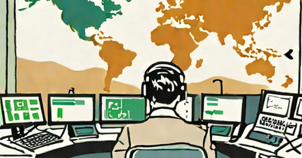 Air traffic controller at a workstation with radar displays and a world map