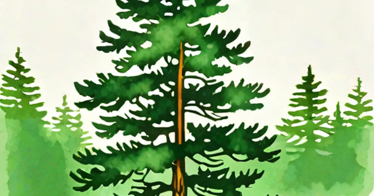 Illustrated Sitka spruce with brown trunk and layered green branches, smaller trees behind