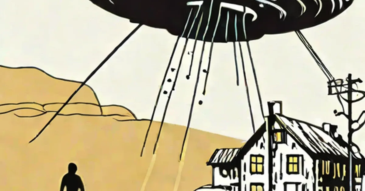 Flying saucer with beam of light descending over a desert landscape, house, and standing figure