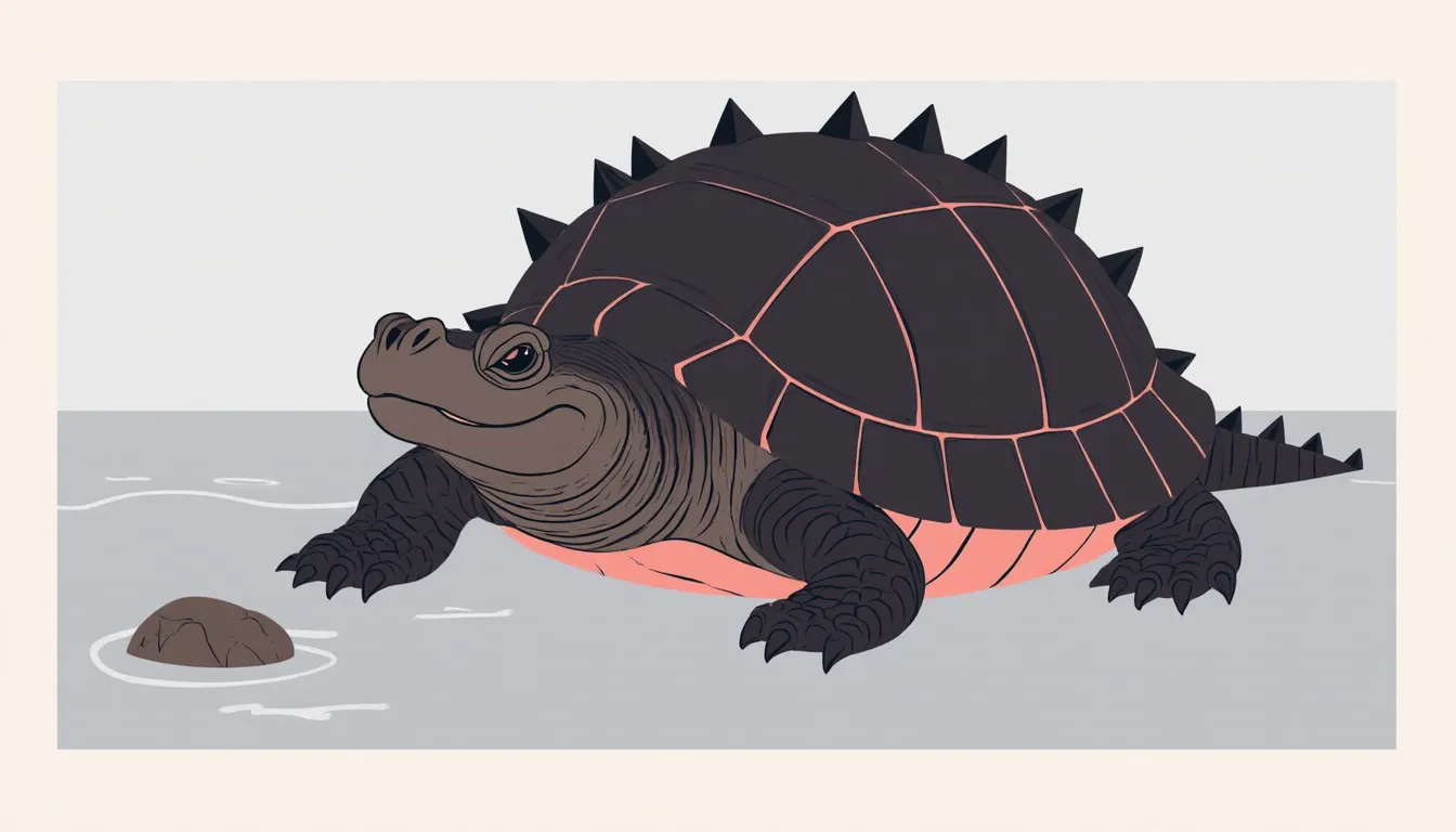 An alligator snapping turtle with its spiked, ridged shell and hooked beak resting in a tank