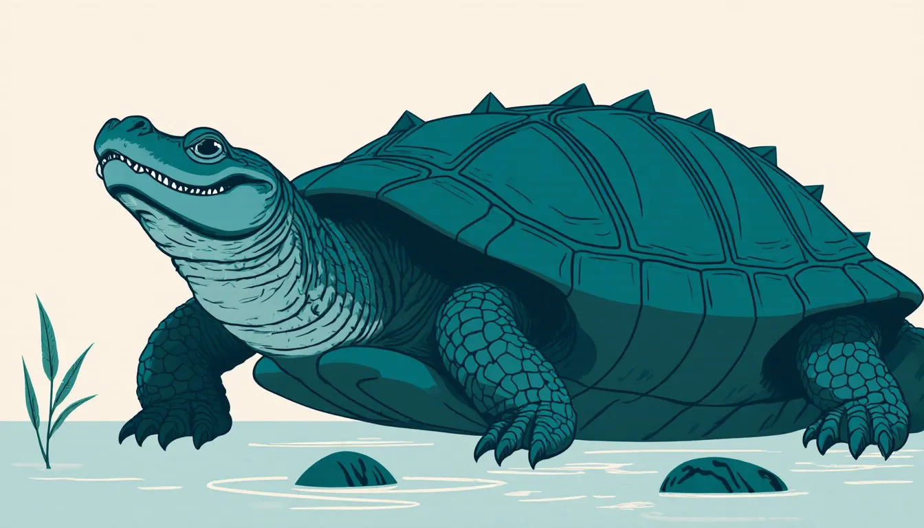 An alligator snapping turtle with its spiked shell and hooked beak resting on a riverbed