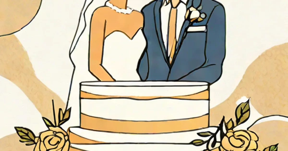 Bride and groom figurines standing on a gold-striped wedding cake with gold roses