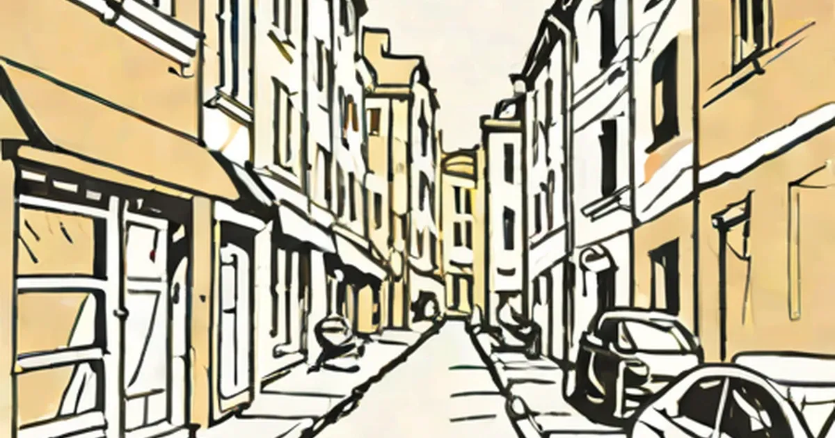 Line drawing of a European street with tall buildings and parked cars