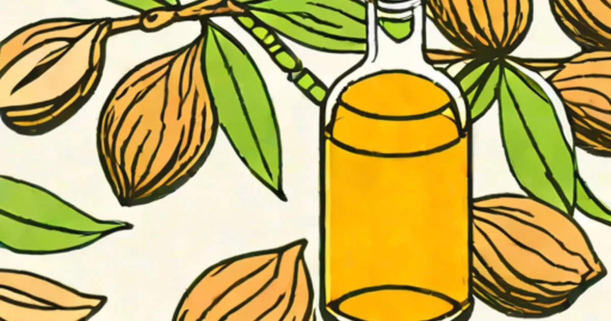 Glass jar of golden liquid surrounded by illustrated almonds and leaves