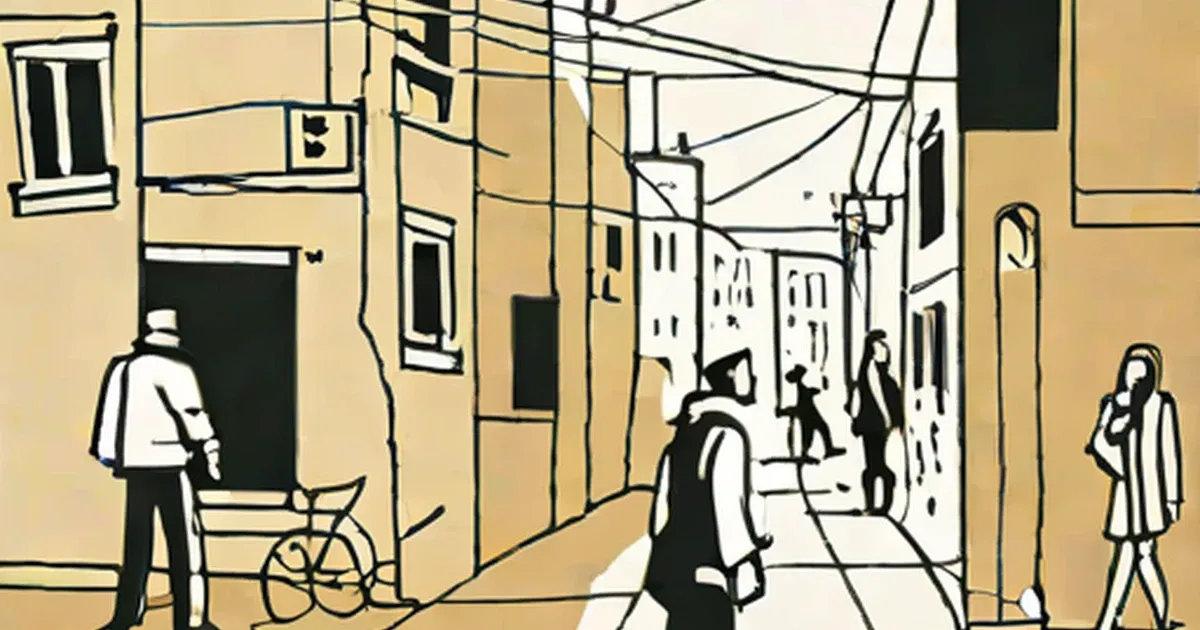 Sketch of a European street with buildings, people, and a bicycle
