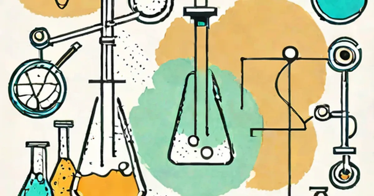 Scientific laboratory equipment including beakers, flasks, test tubes, scales, and microscopes