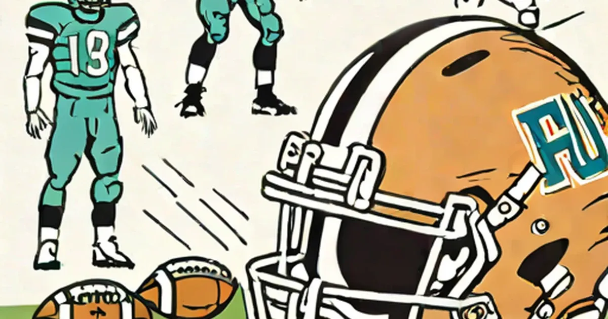 Illustrated football player in teal uniform with helmet and footballs