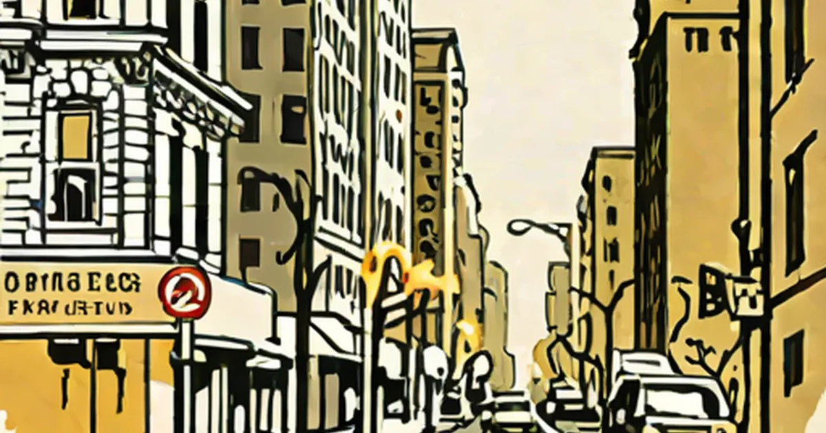Downtown street with tall buildings rendered in a stylized illustration