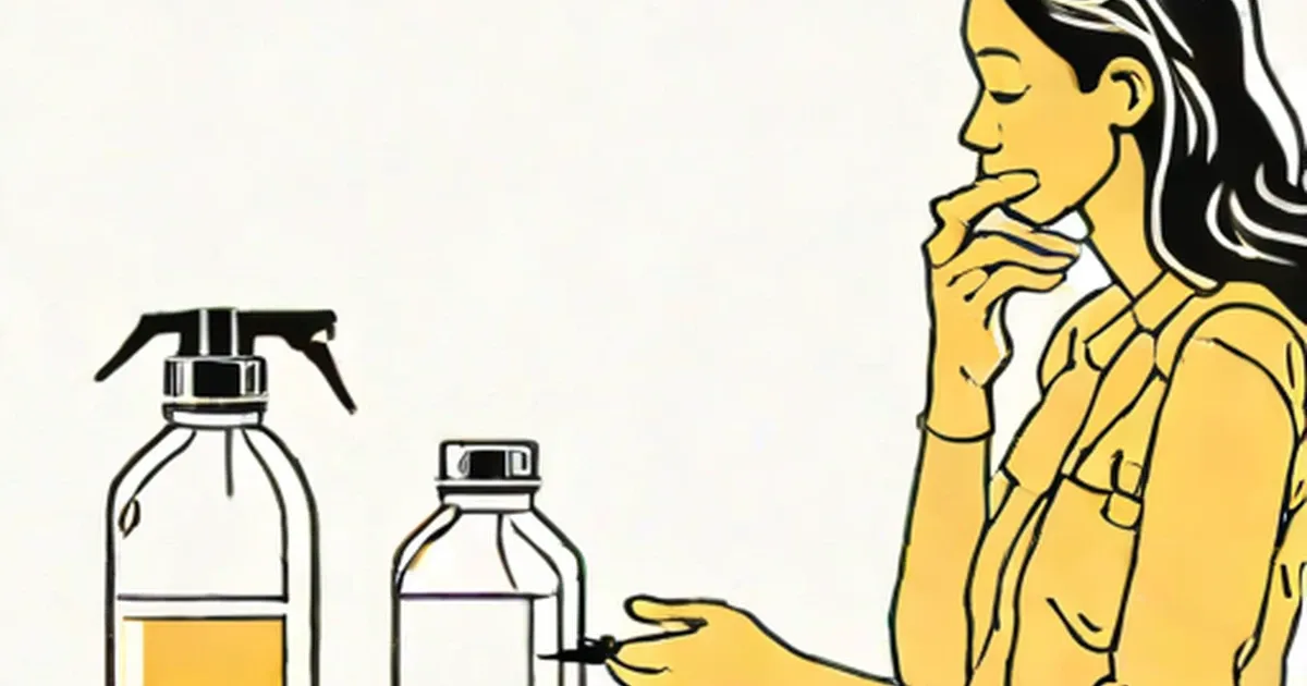 Woman reacting to odor near cleaning bottles