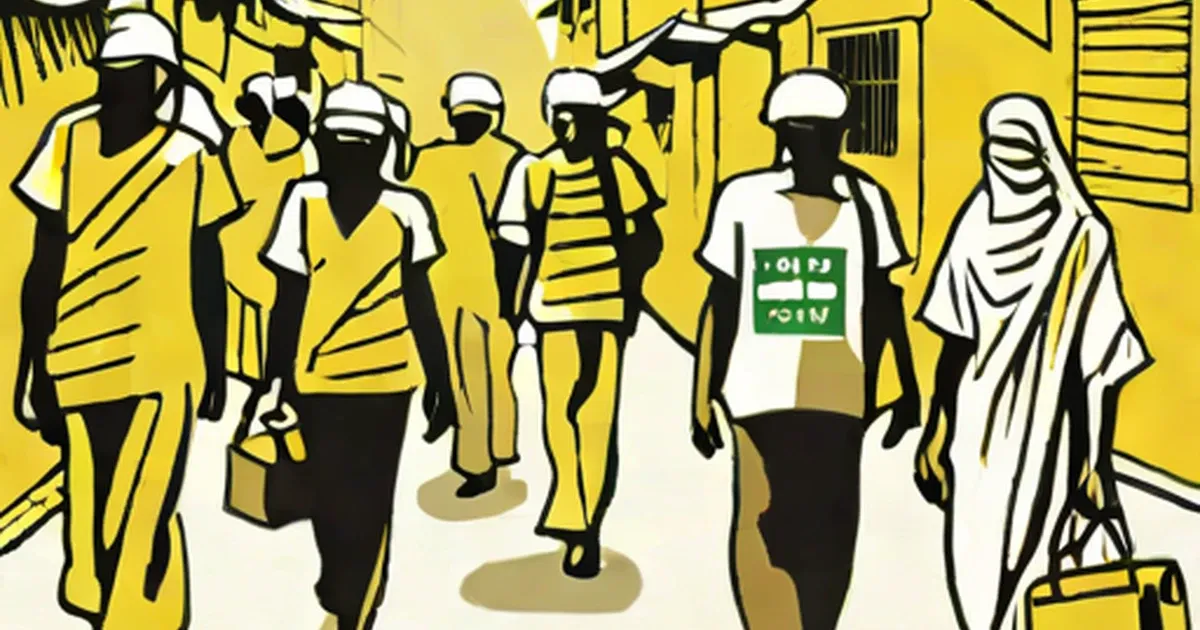 Illustrated figures standing on a yellow-toned street