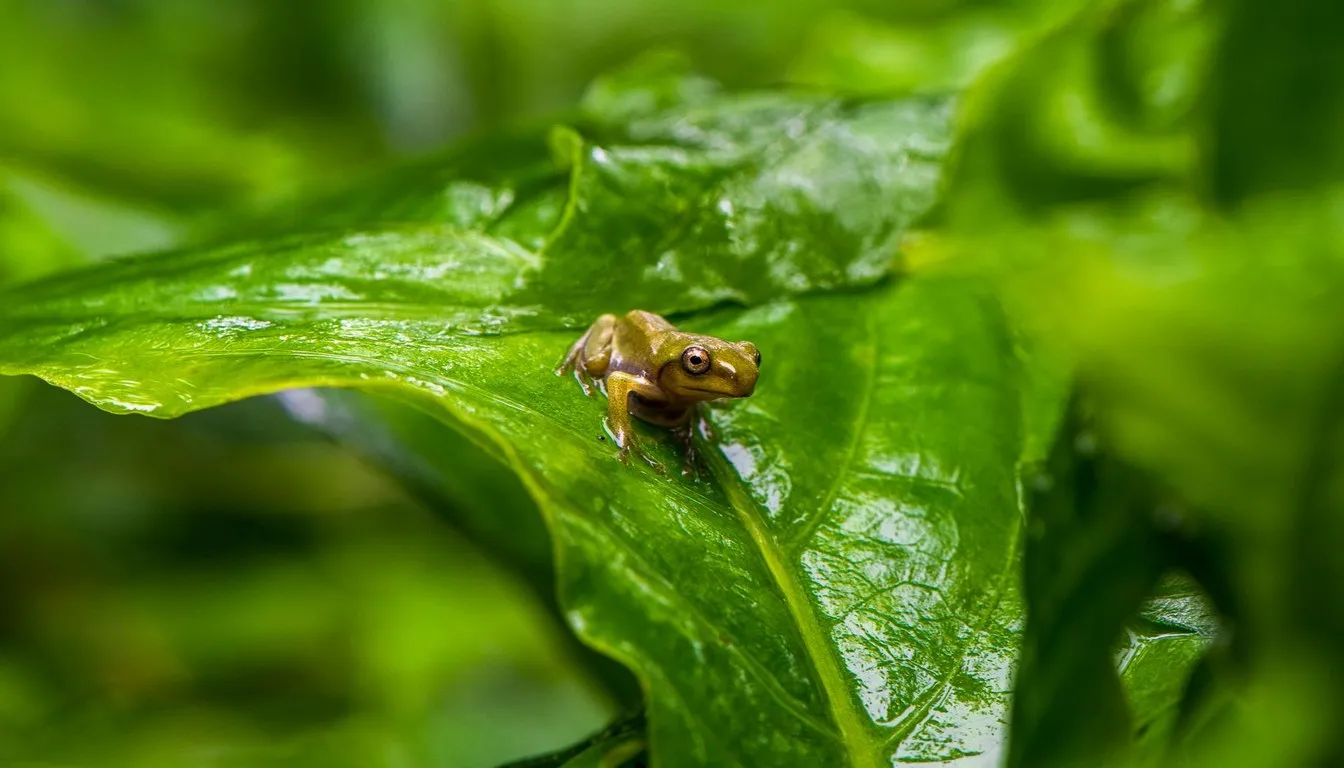 A small tree frog sits on a rain-wet green leaf