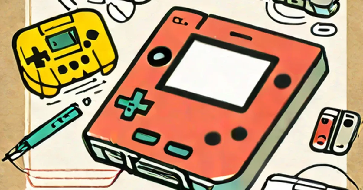 Illustrated Nintendo handheld consoles and game controllers in colorful art