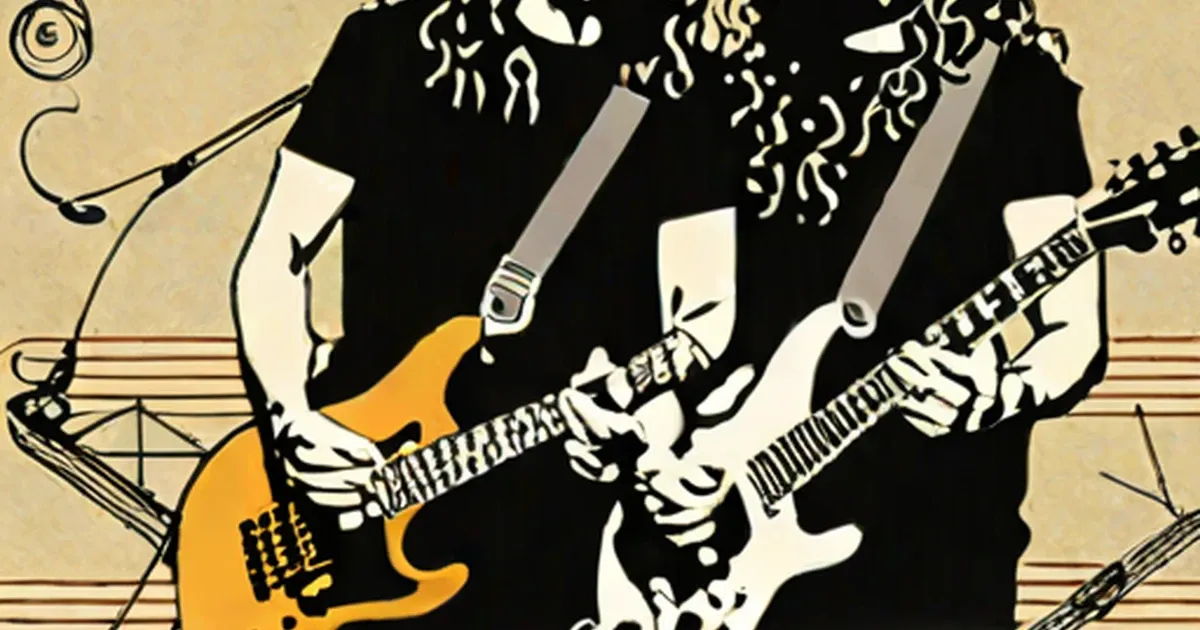 Stylized illustration of two guitarists with orange and white electric guitars