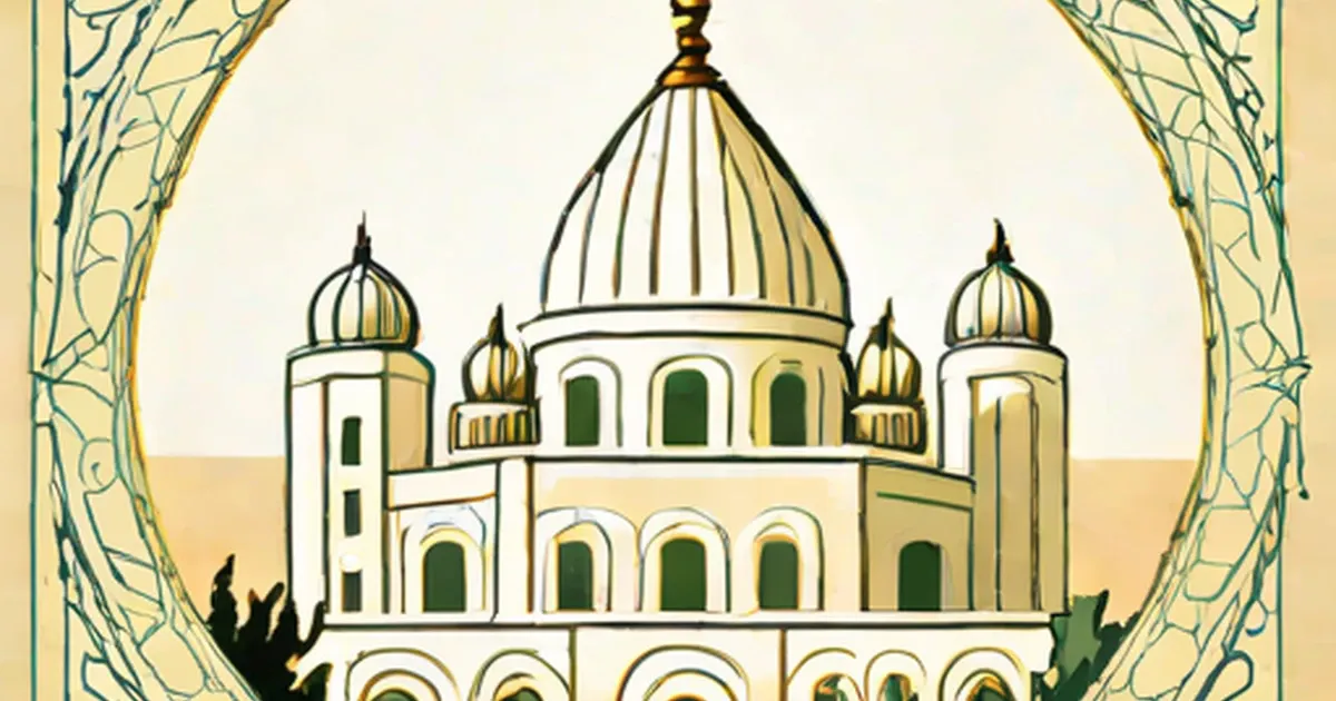 Illustrated Bahai House of Worship with golden dome framed by branches