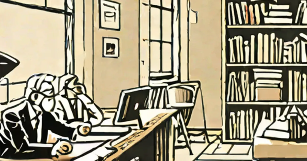 Historical figures using a laptop surrounded by bookshelves