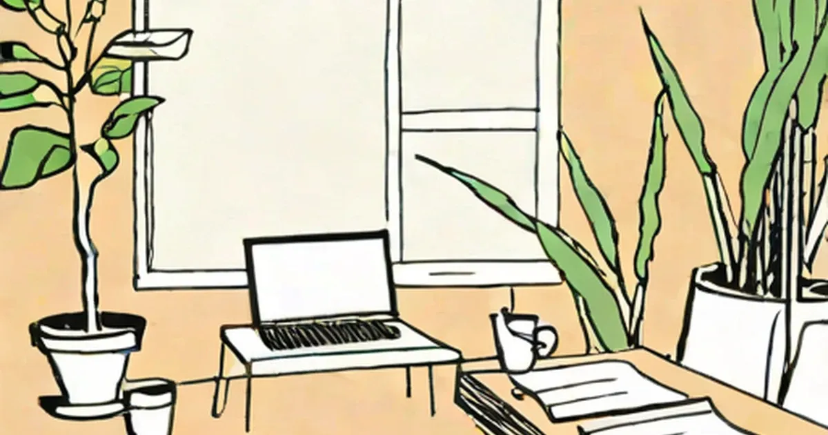 Illustrated desk workspace with laptop, papers, and potted plants by a window