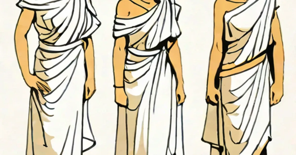 Drawn figures in draped white fabric demonstrating three ancient Greek garment arrangement styles