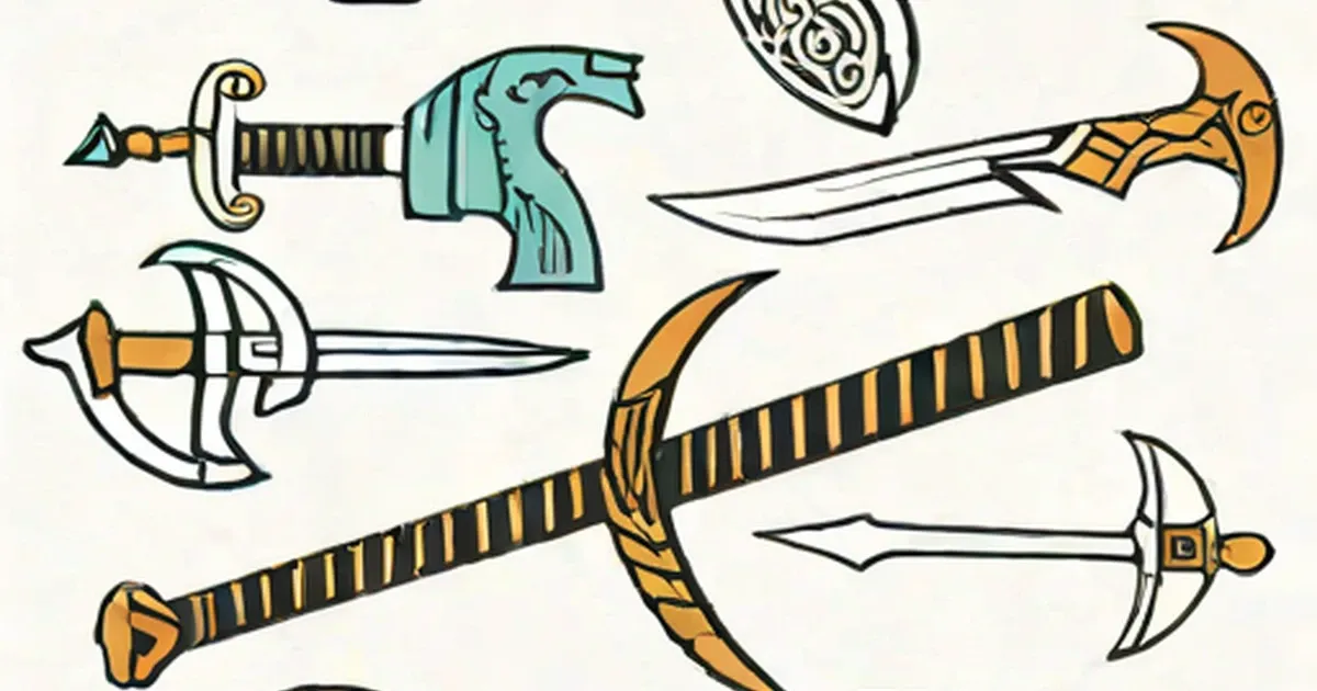Illustrated Greek swords, axes, helmets, and shields in gold and teal tones