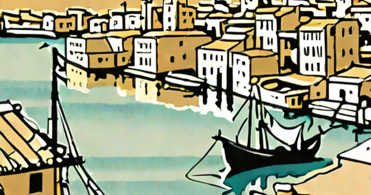 Somali coastal port with traditional architecture and docked sailing vessels