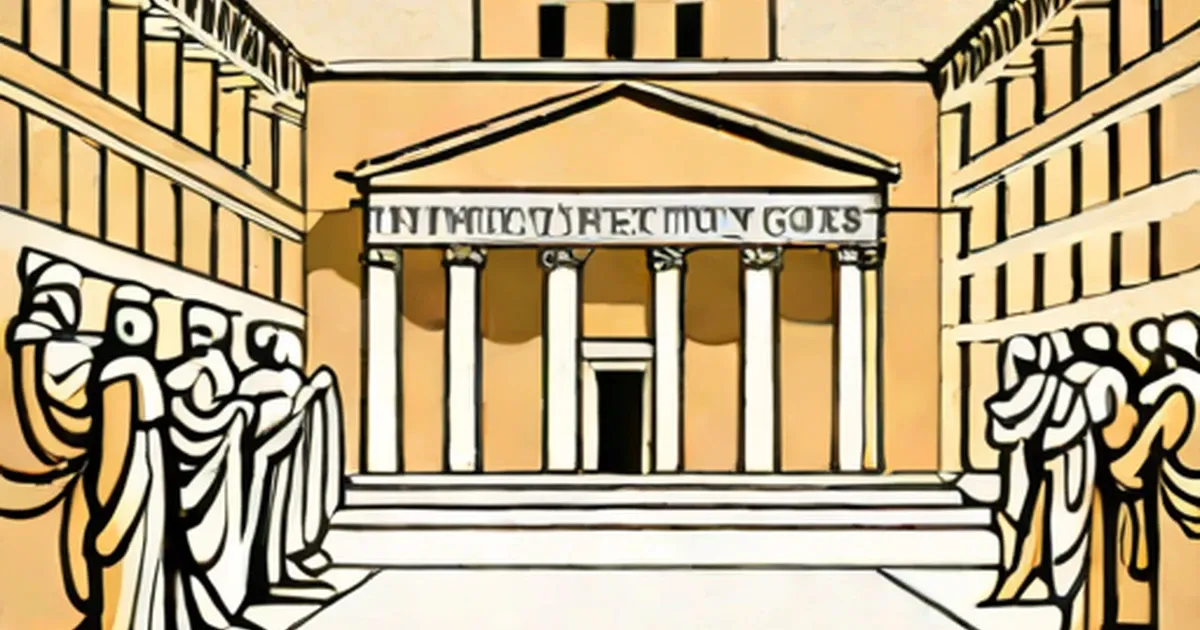Roman building with columned facade, Latin inscription, and toga-clad figures in courtyard
