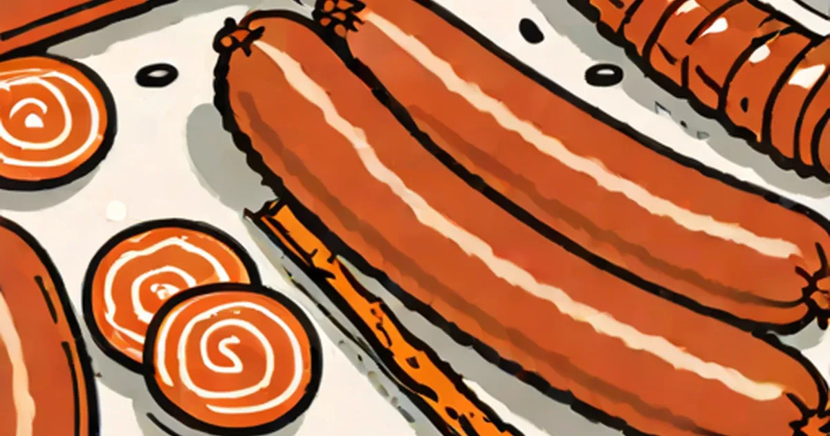 Illustration of whole and sliced sausages showing spiral meat patterns
