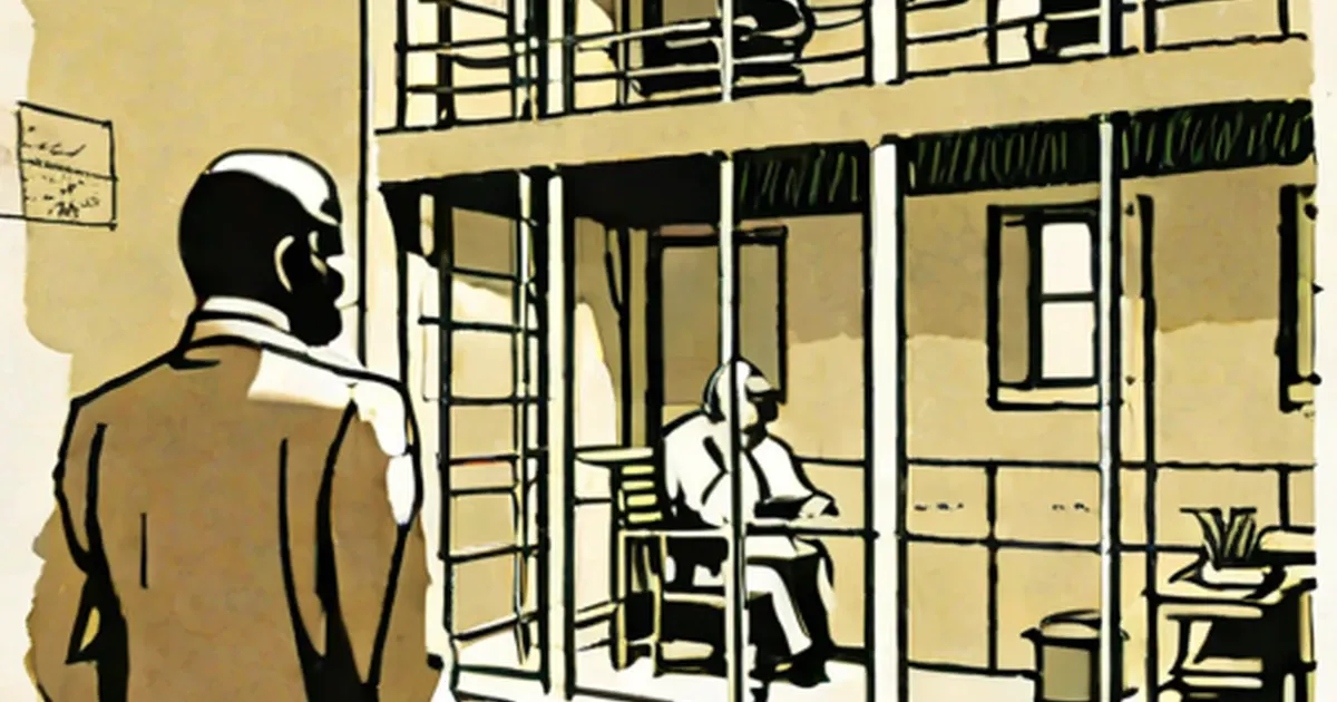 Prisoner sits in barred cell while guard watches from outside
