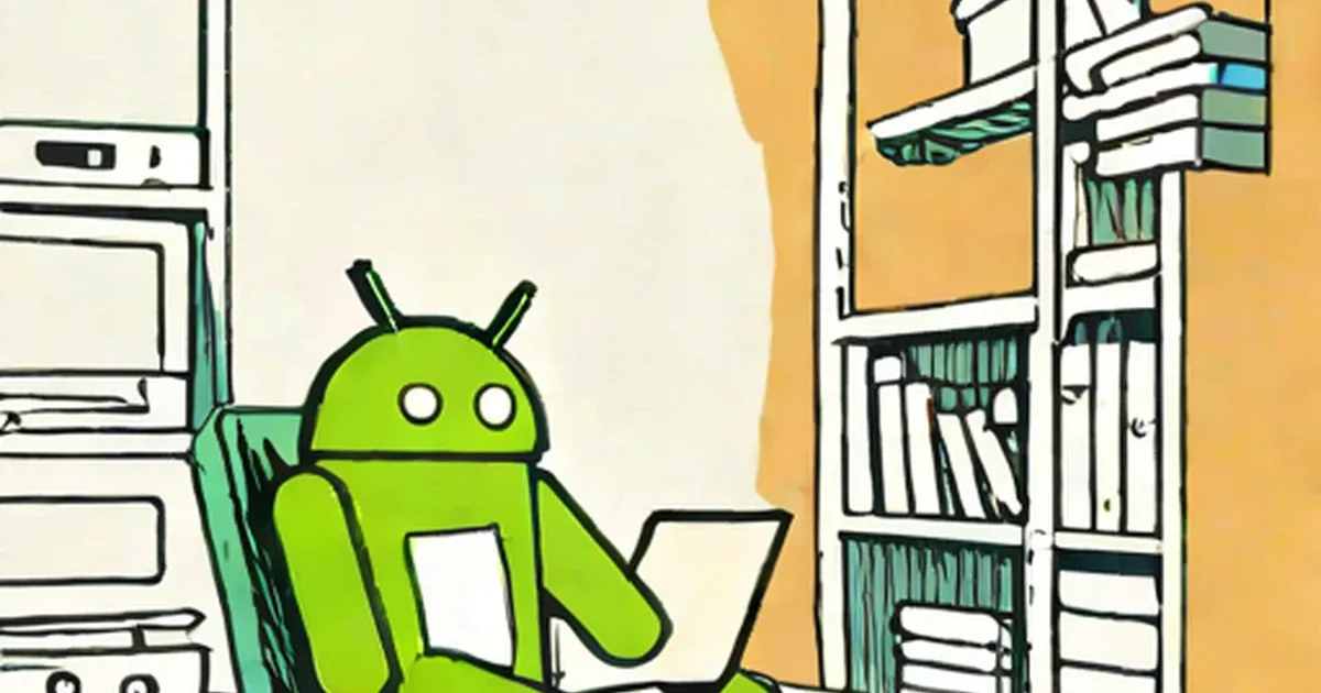 Green Android mascot sitting at a laptop in an office