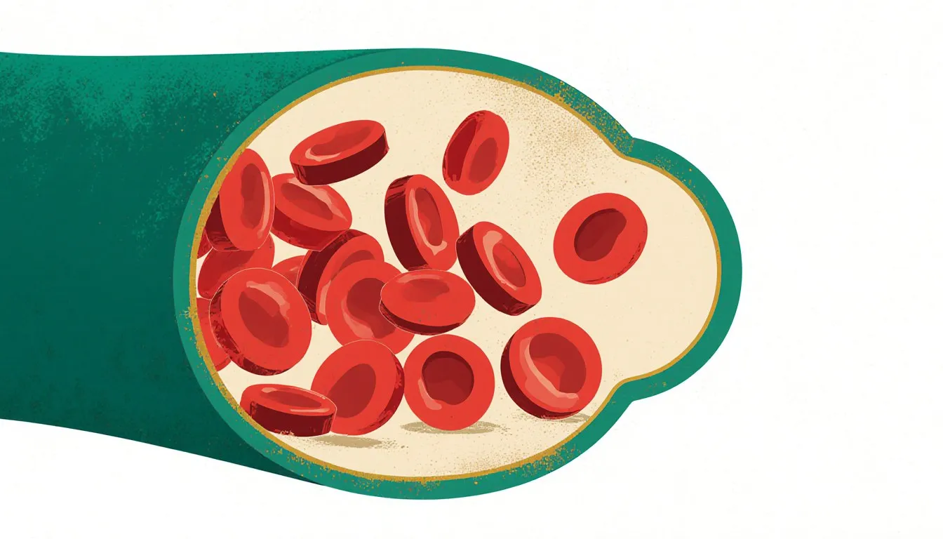 Red blood cells filling a cut-open blood vessel, the cells whose shortage defines anemia