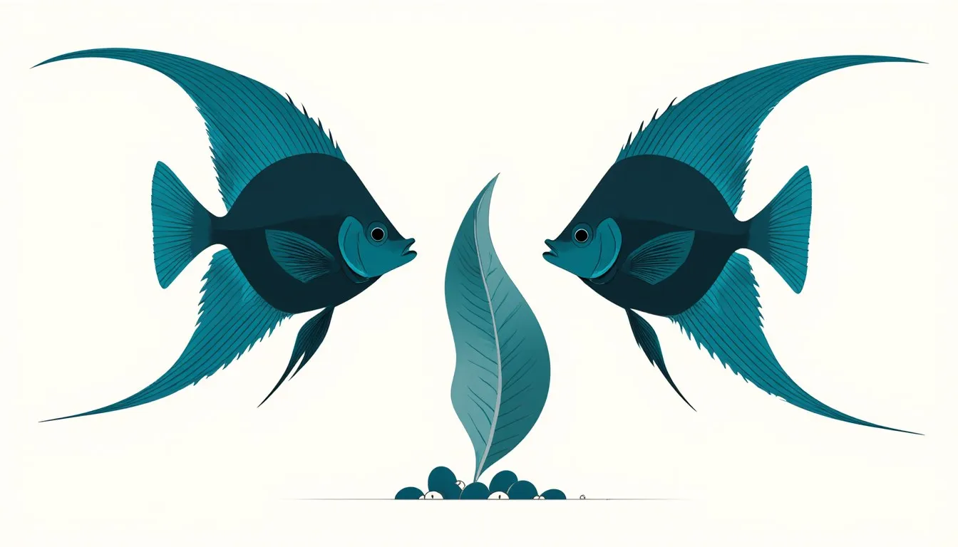 Two angelfish face each other beside a broad leaf lined with a row of eggs