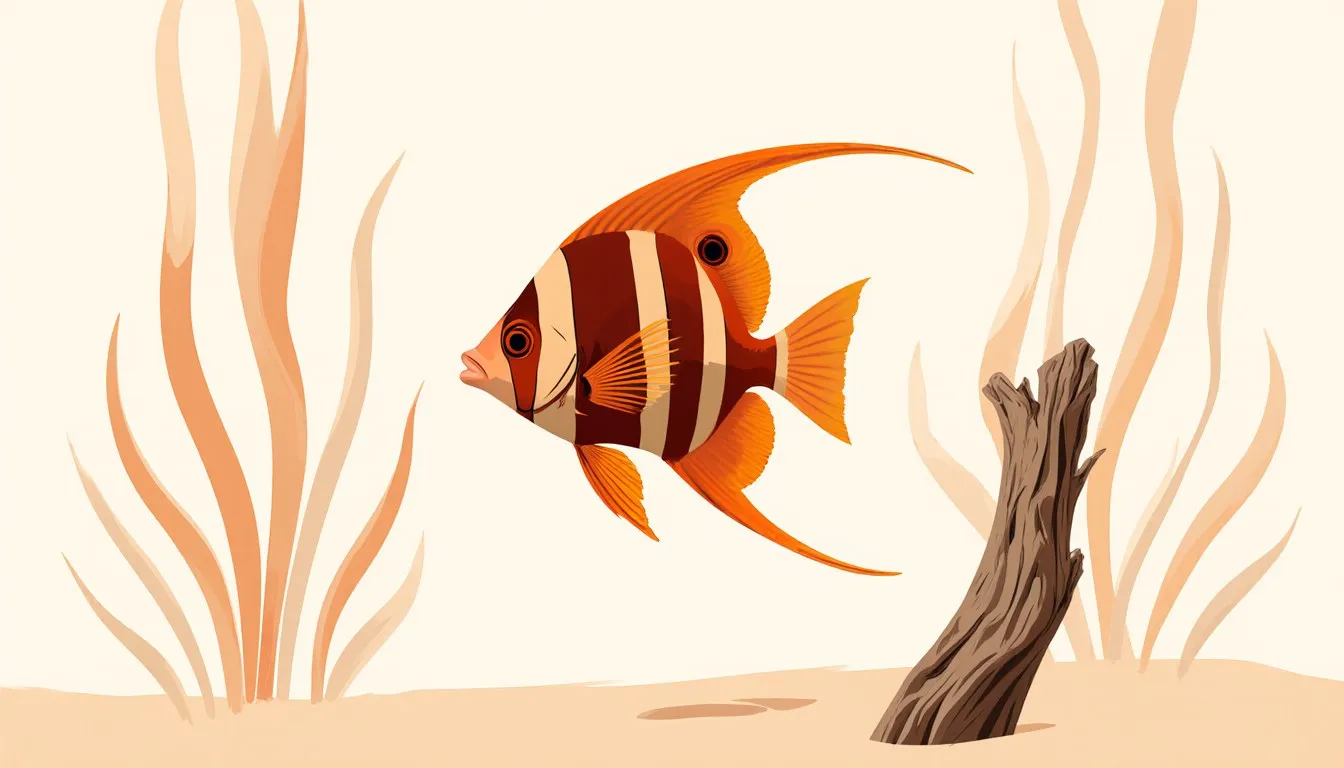 Illustration of a freshwater angelfish with tall triangular fins swimming among aquatic plants and driftwood
