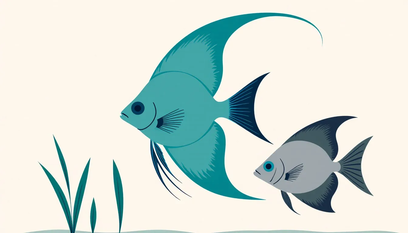 A freshwater angelfish swimming with a gourami and a hatchetfish among aquarium plants