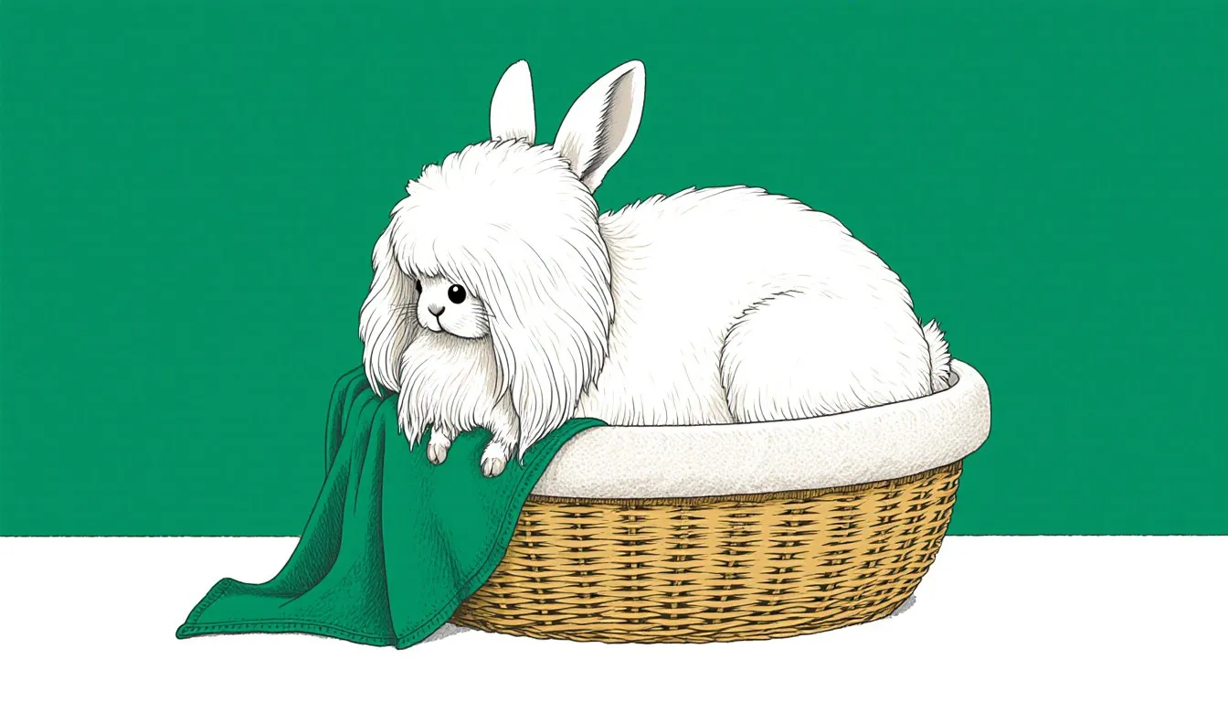 A wool-coated Angora rabbit sitting in a woven basket, illustrating gentle care for the breed