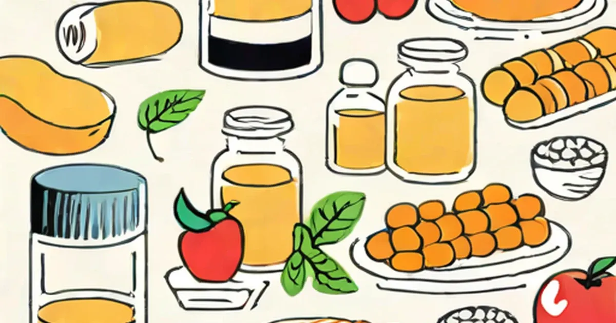 Illustrated plant-based foods including vegetables, grains, and plant milk in warm tones